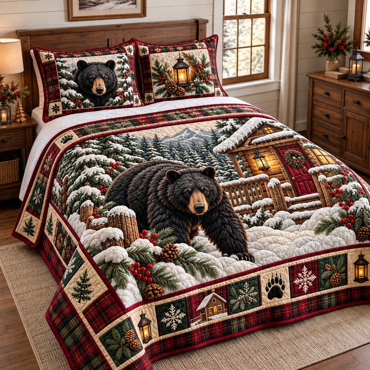 Winter Rustic Guardian 3 Piece Quilted Bedding Set Christmas Gift For Bear Lovers