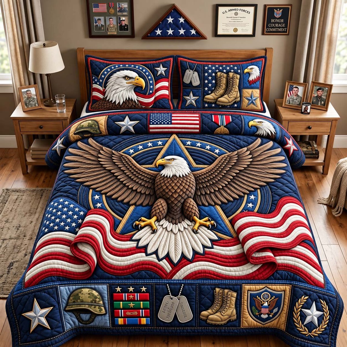 American Eagle Honor 3 Piece Quilted Bedding Set Gift For Veterans