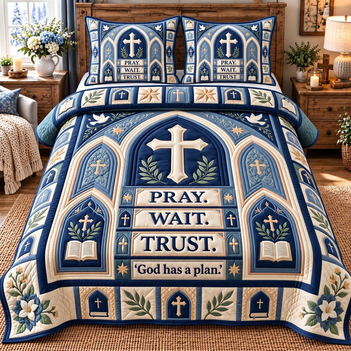 Pray Wait Trust Christian 3 Piece Quilted Bedding Set Gift For Christians