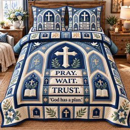 Pray Wait Trust Christian 3 Piece Quilted Bedding Set Gift For Christians