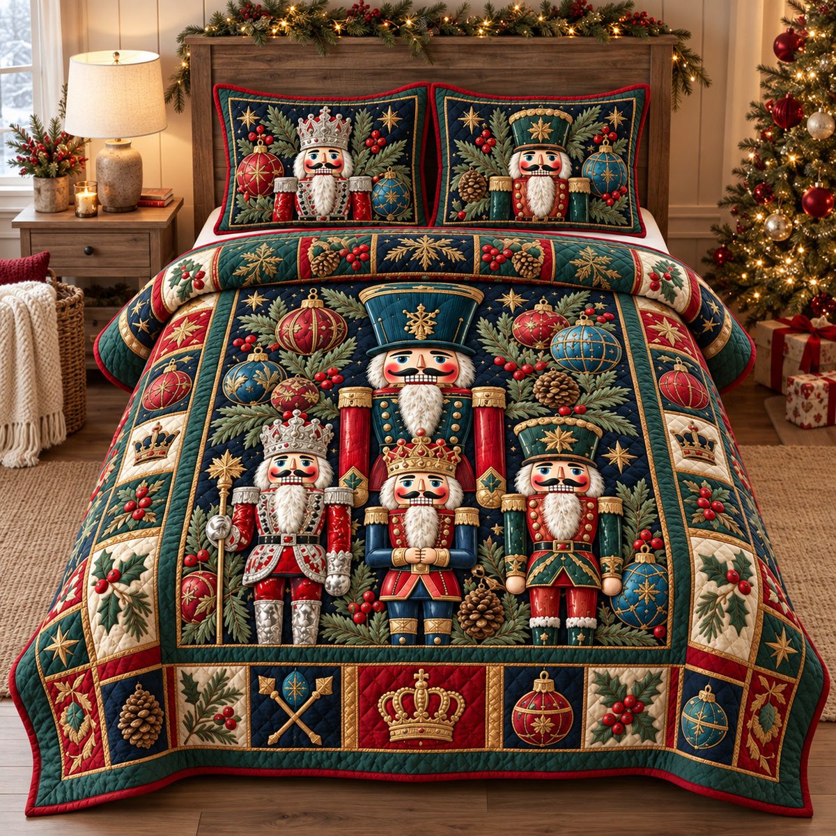 Royal Nutcracker 3 Piece Quilted Bedding Set Christmas Gift For Holiday Decor Lovers