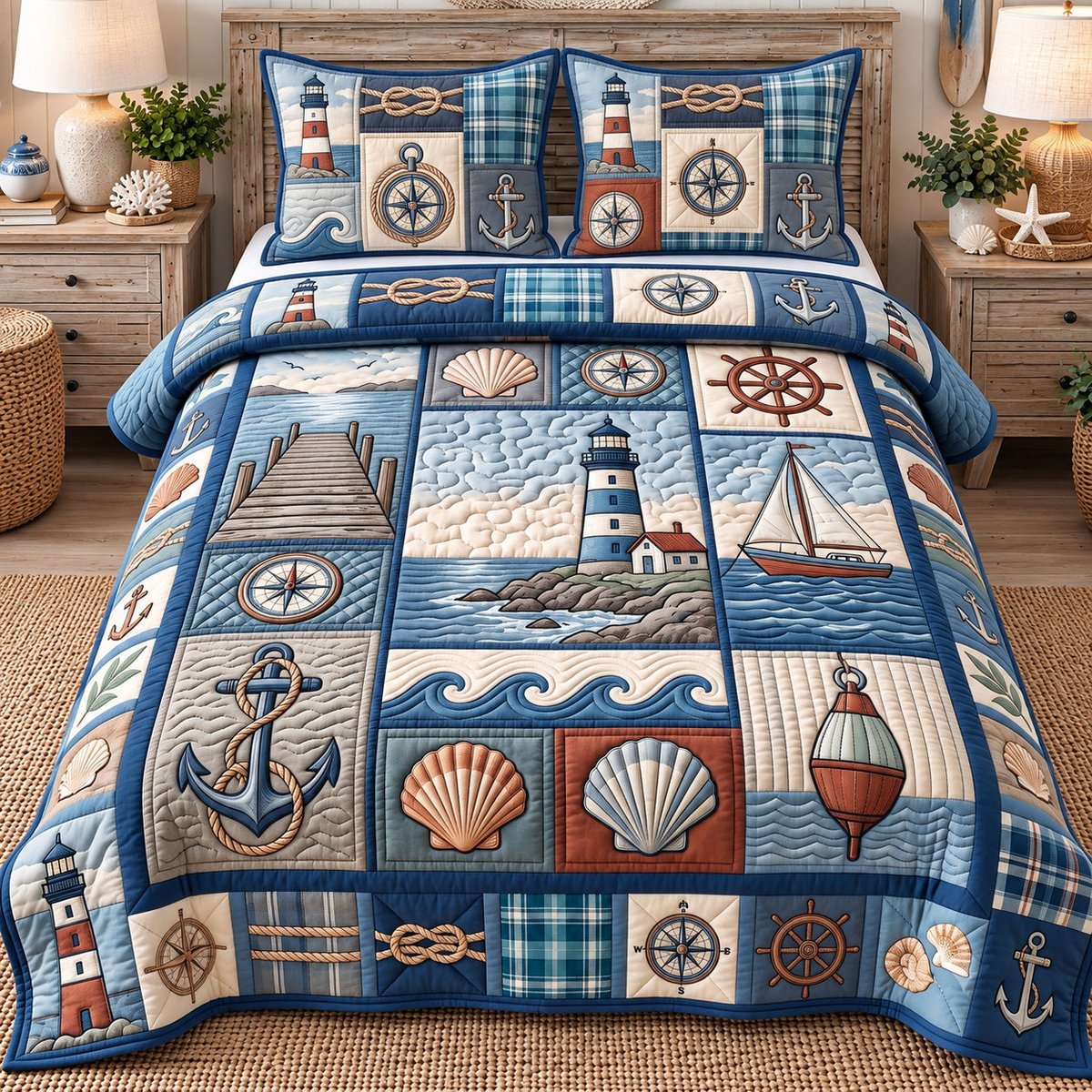 Coastal Patchwork Nautical 3 Piece Quilted Bedding Set Gift For Beach Lovers