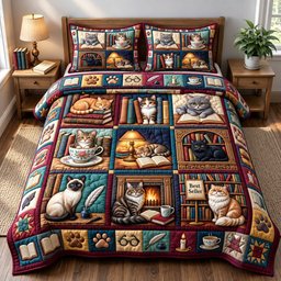 Bookish Cat 3 Piece Quilted Bedding Set Gift For Cat Lovers