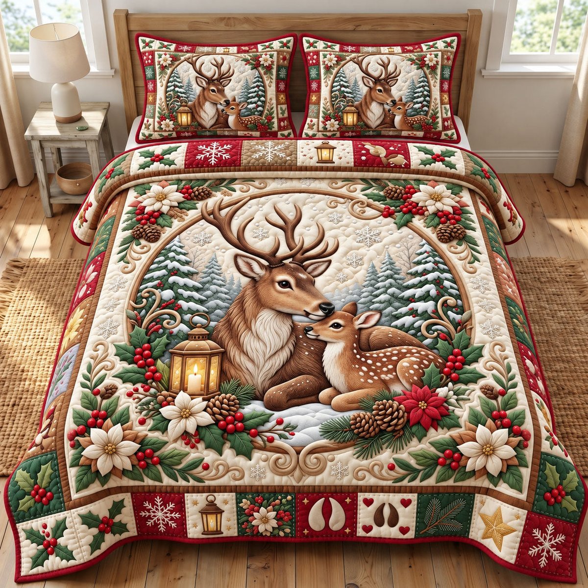 Reindeer 3 Piece Quilted Bedding Set Christmas Gift For Holiday Decor Lovers