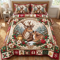 Reindeer 3 Piece Quilted Bedding Set Christmas Gift For Holiday Decor Lovers