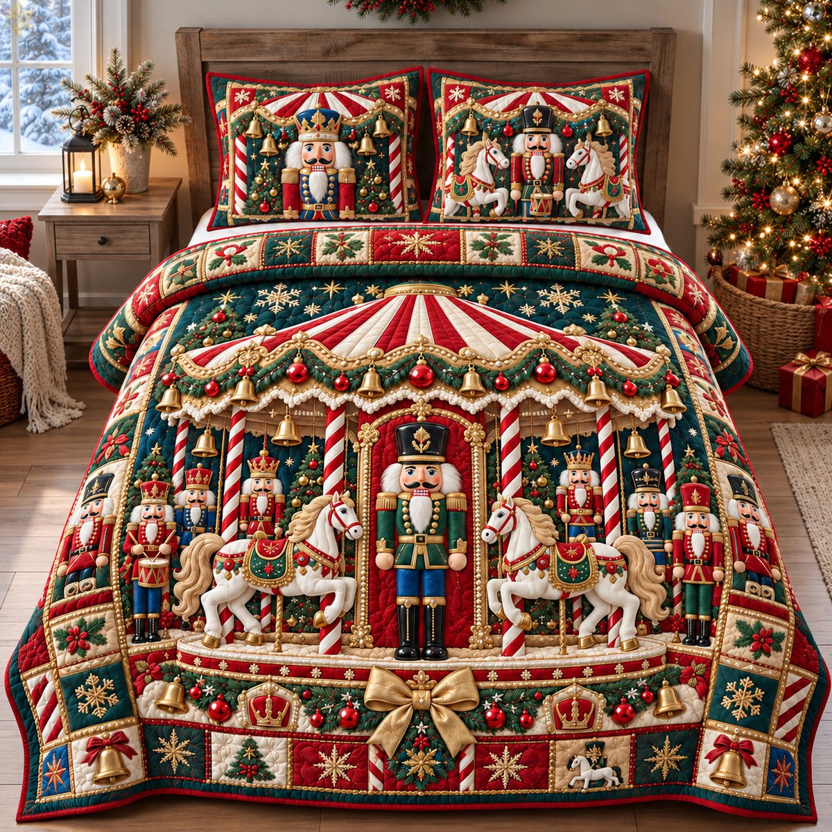 Nutcracker Carousel 3 Piece Quilted Bedding Set Christmas Gift For Holiday Decor Lovers