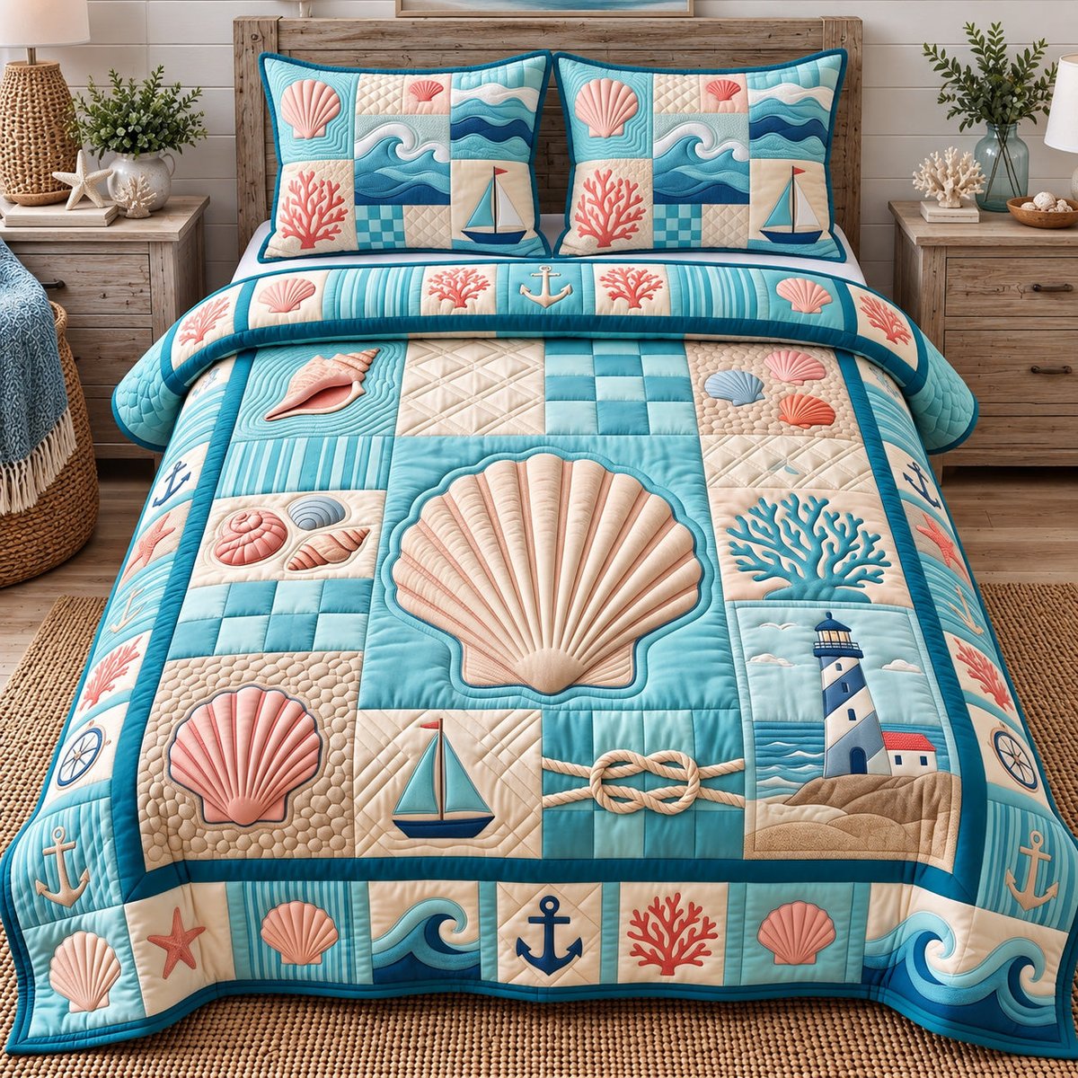 Coastal Patchwork Nautical 3 Piece Quilted Bedding Set Gift For Beach Lovers