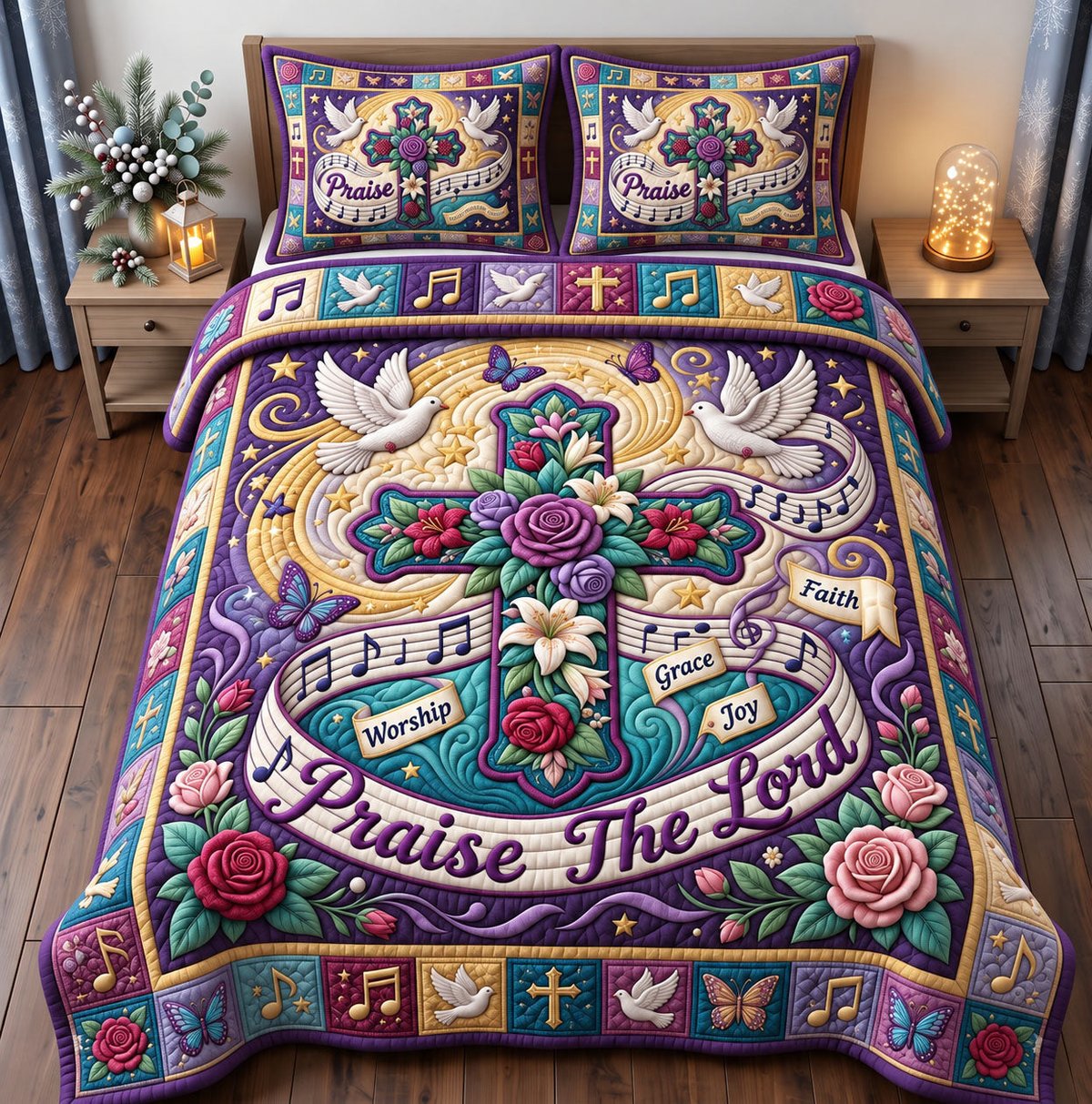 Christian Faith 3 Piece Quilted Bedding Set Gift For Christians