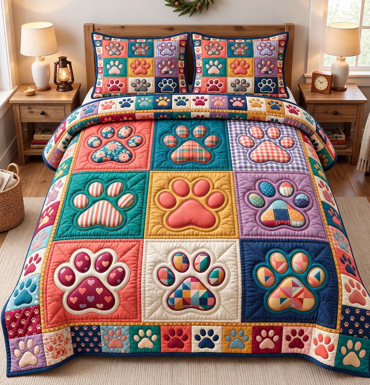 Paw Print Cat 3 Piece Quilted Bedding Set Gift For Dog Lovers