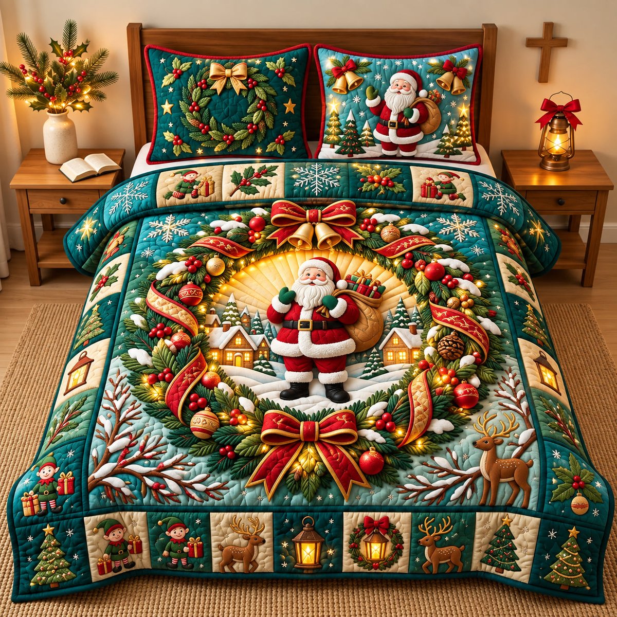 Santa Wreath 3 Piece Quilted Bedding Set Christmas Gift For Holiday Decor Lovers