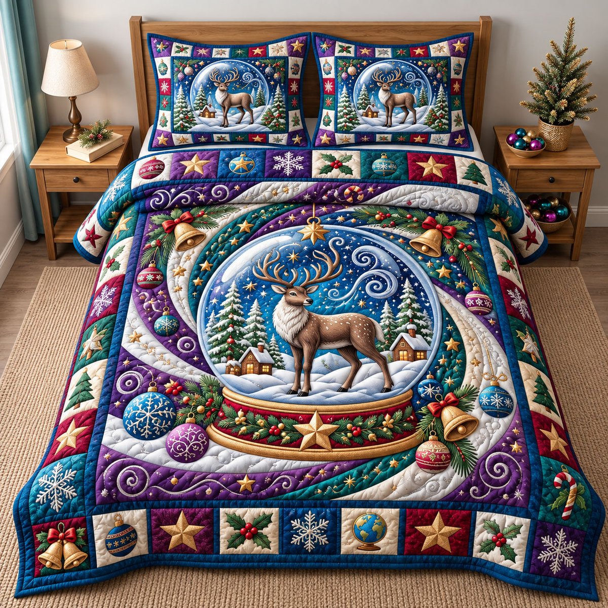 Reindeer 3 Piece Quilted Bedding Set Christmas Gift For Holiday Decor Lovers