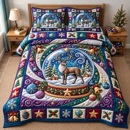 Reindeer 3 Piece Quilted Bedding Set Christmas Gift For Holiday Decor Lovers