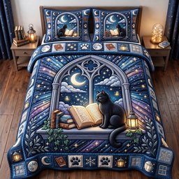 Bookish Cat 3 Piece Quilted Bedding Set Gift For Cat Lovers