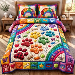 Paw Print Cat 3 Piece Quilted Bedding Set Gift For Dog Lovers
