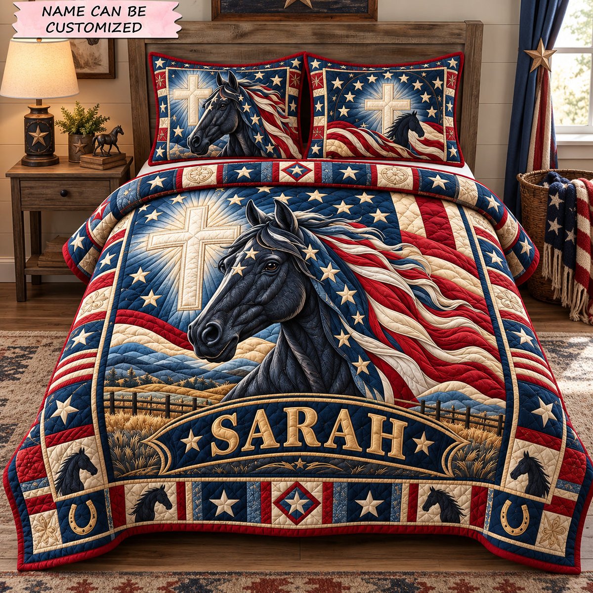 Patriotic Horse of Faith 3 Piece Quilted Bedding Set Gift For Horse Lovers