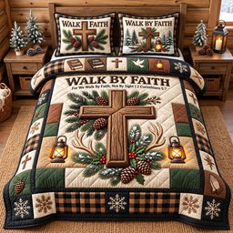 Walk by Faith Christian 3 Piece Quilted Bedding Set Gift For Christians