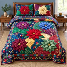 Poinsettia Stained Glass 3 Piece Quilted Bedding Set Gift For Nature Lovers