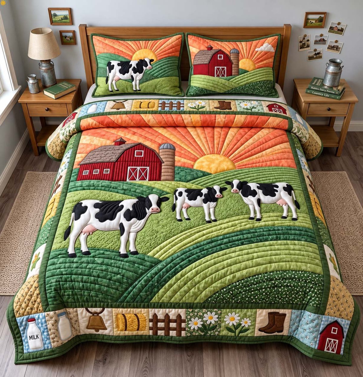 Morning Dairy Farm 3 Piece Quilted Bedding Set Gift For Farmhouse Decor Lovers
