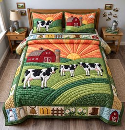 Morning Dairy Farm 3 Piece Quilted Bedding Set Gift For Farmhouse Decor Lovers