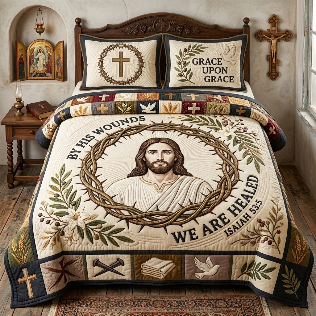 By His Wounds 3 Piece Quilted Bedding Set Gift For Christians