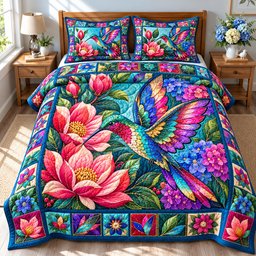Hummingbird Floral Glow 3 Piece Quilted Bedding Set Gift For Bird Lovers