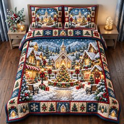 Village 3 Piece Quilted Bedding Set Christmas Gift For Holiday Decor Lovers