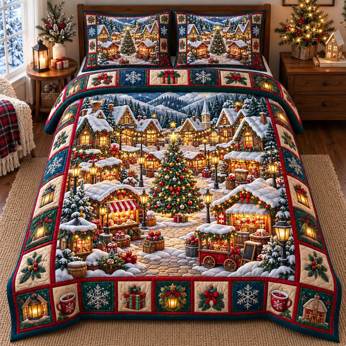 Village 3 Piece Quilted Bedding Set Christmas Gift For Holiday Decor Lovers