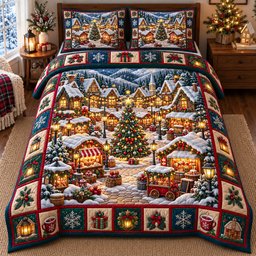 Village 3 Piece Quilted Bedding Set Christmas Gift For Holiday Decor Lovers