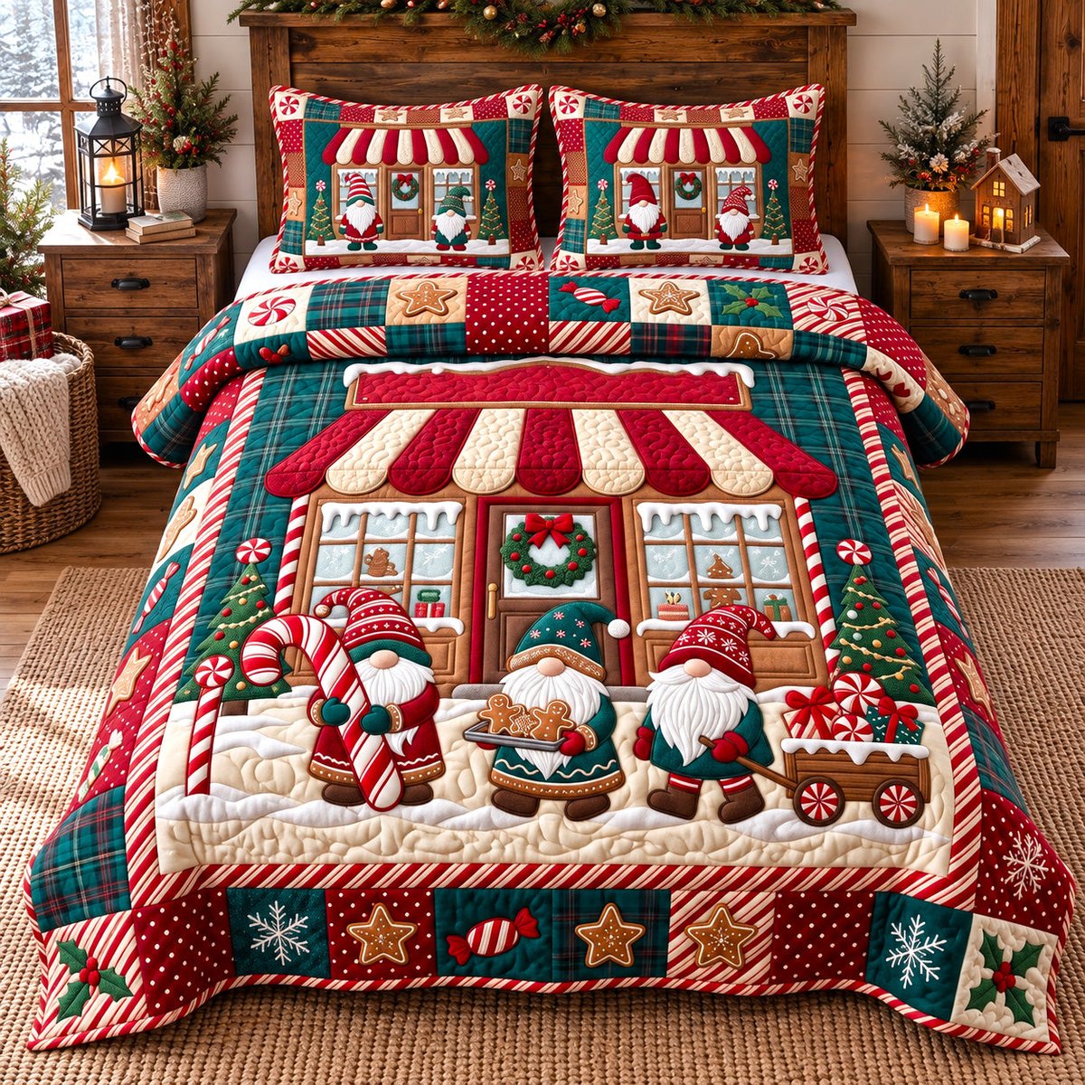 Festive Candy Shop Gnomes 3 Piece Quilted Bedding Set Christmas Gift For Holiday Decor Lovers