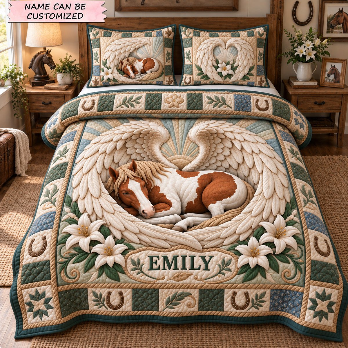 Angel Wings of Protection 3 Piece Quilted Bedding Set Gift For Horse Lovers