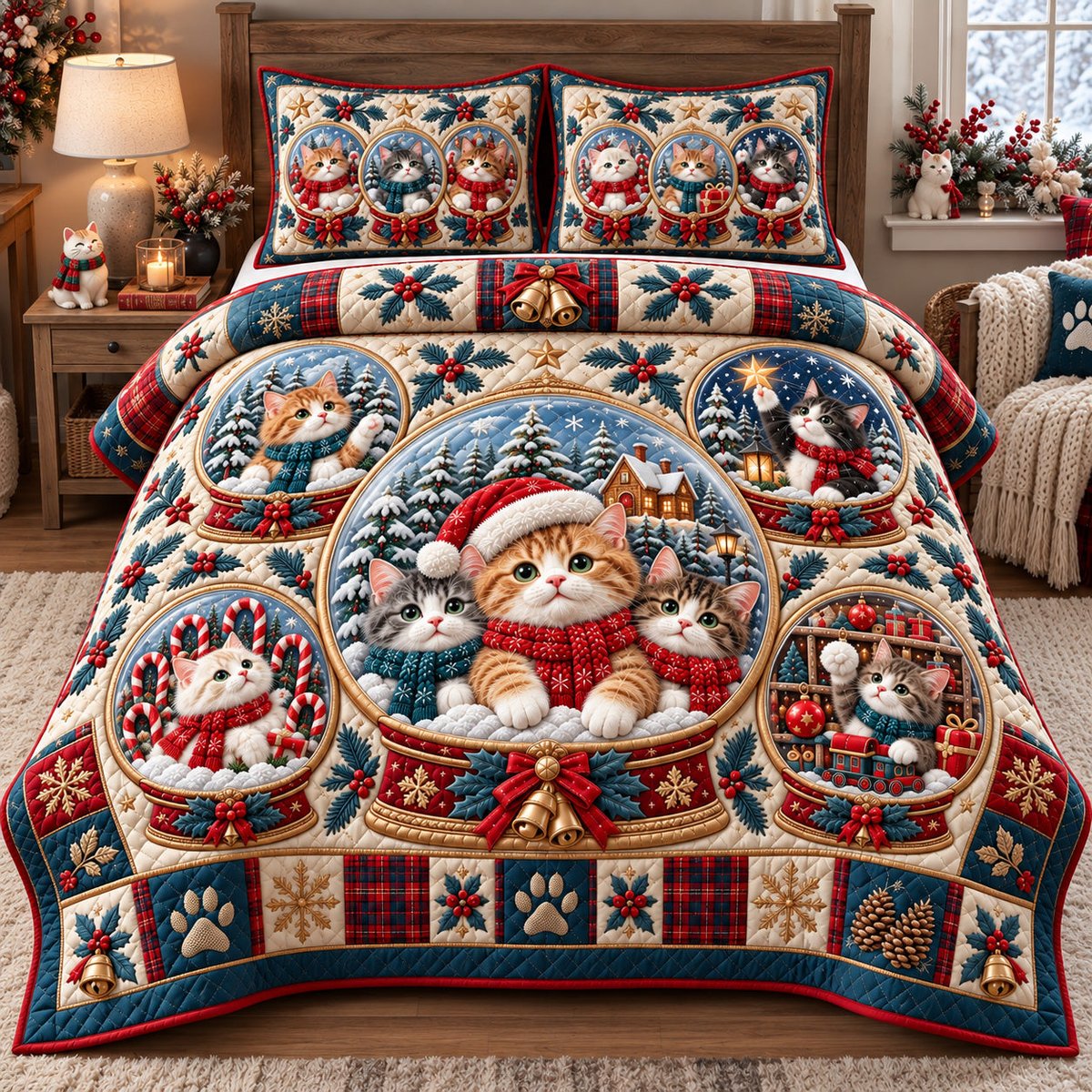 Cat Snow Globes 3 Piece Quilted Bedding Set Christmas Gift For Cat Lovers