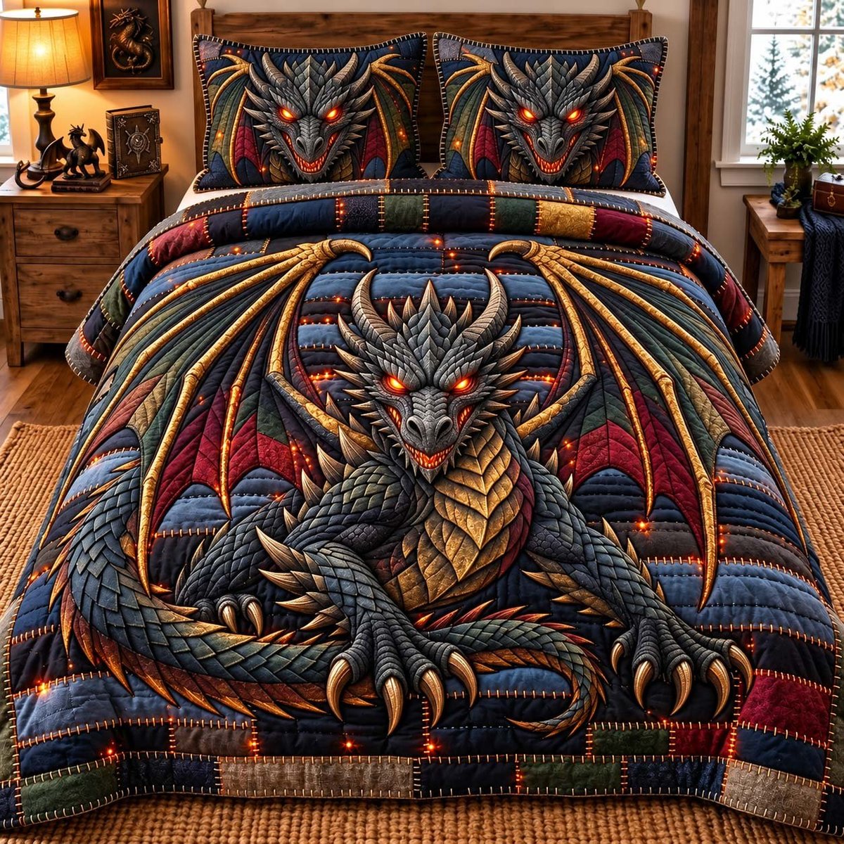 Dark Scale Dragon 3 Piece Quilted Bedding Set Gift For Fantasy Lovers