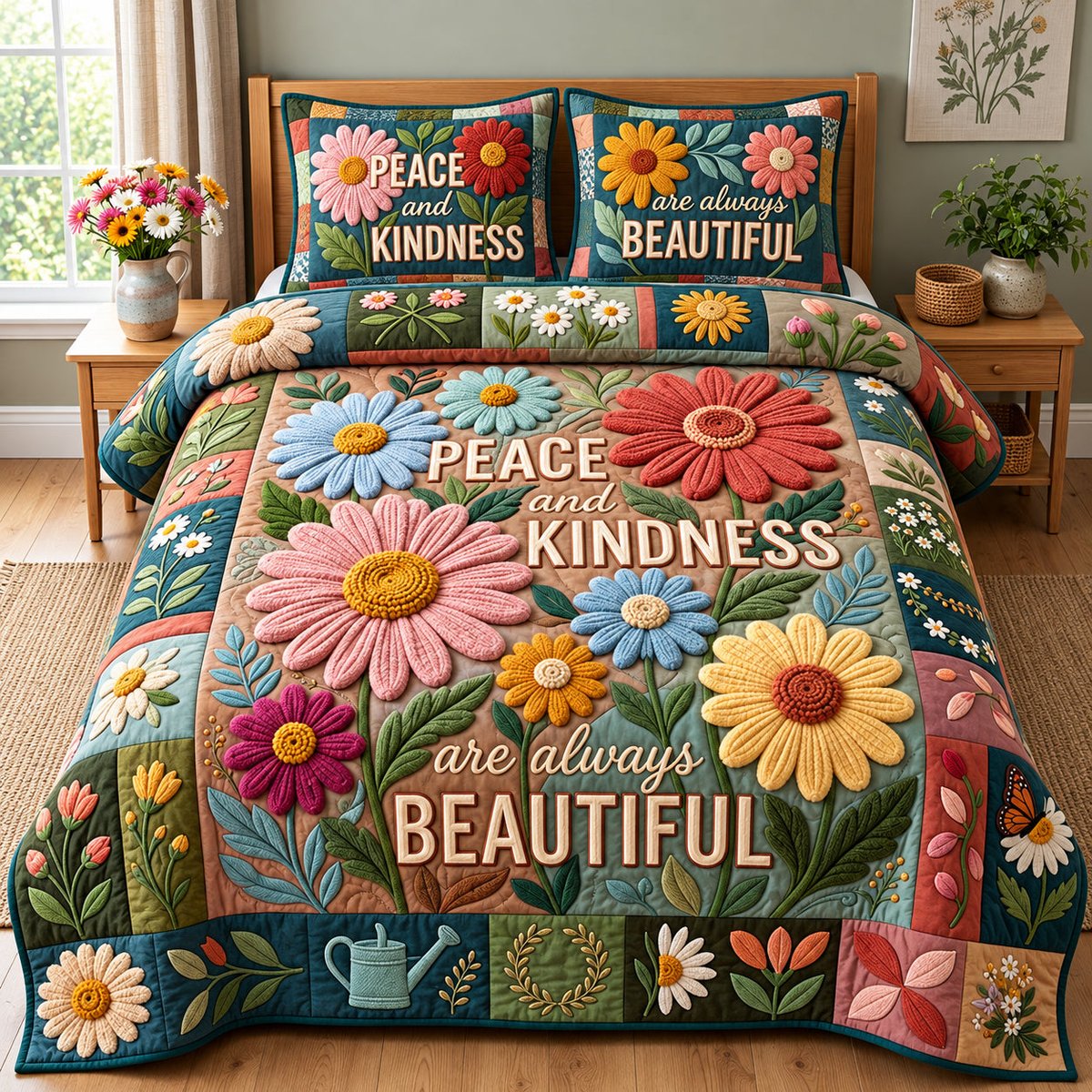 Peace and Kindness 3 Piece Quilted Bedding Set Gift For Flower Lovers