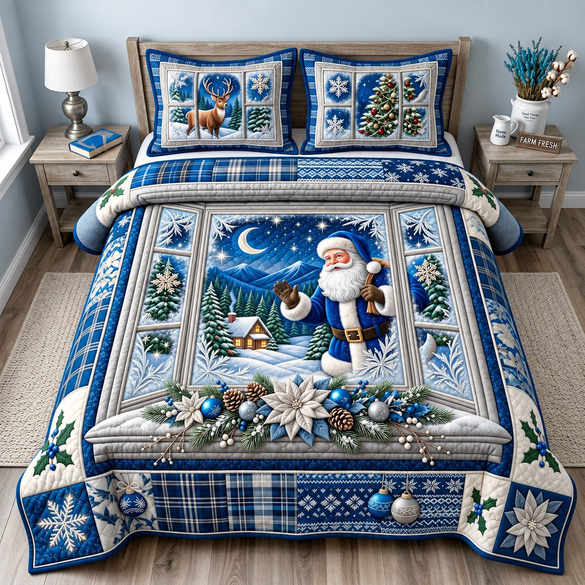 Moonlight Santa 3 Piece Quilted Bedding Set Christmas Gift For Holiday Decor Lovers