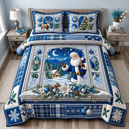 Moonlight Santa 3 Piece Quilted Bedding Set Christmas Gift For Holiday Decor Lovers