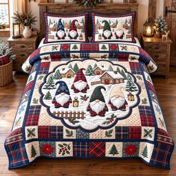 Snowy Village Gnomes 3 Piece Quilted Bedding Set Gift For Holiday Decor Lovers