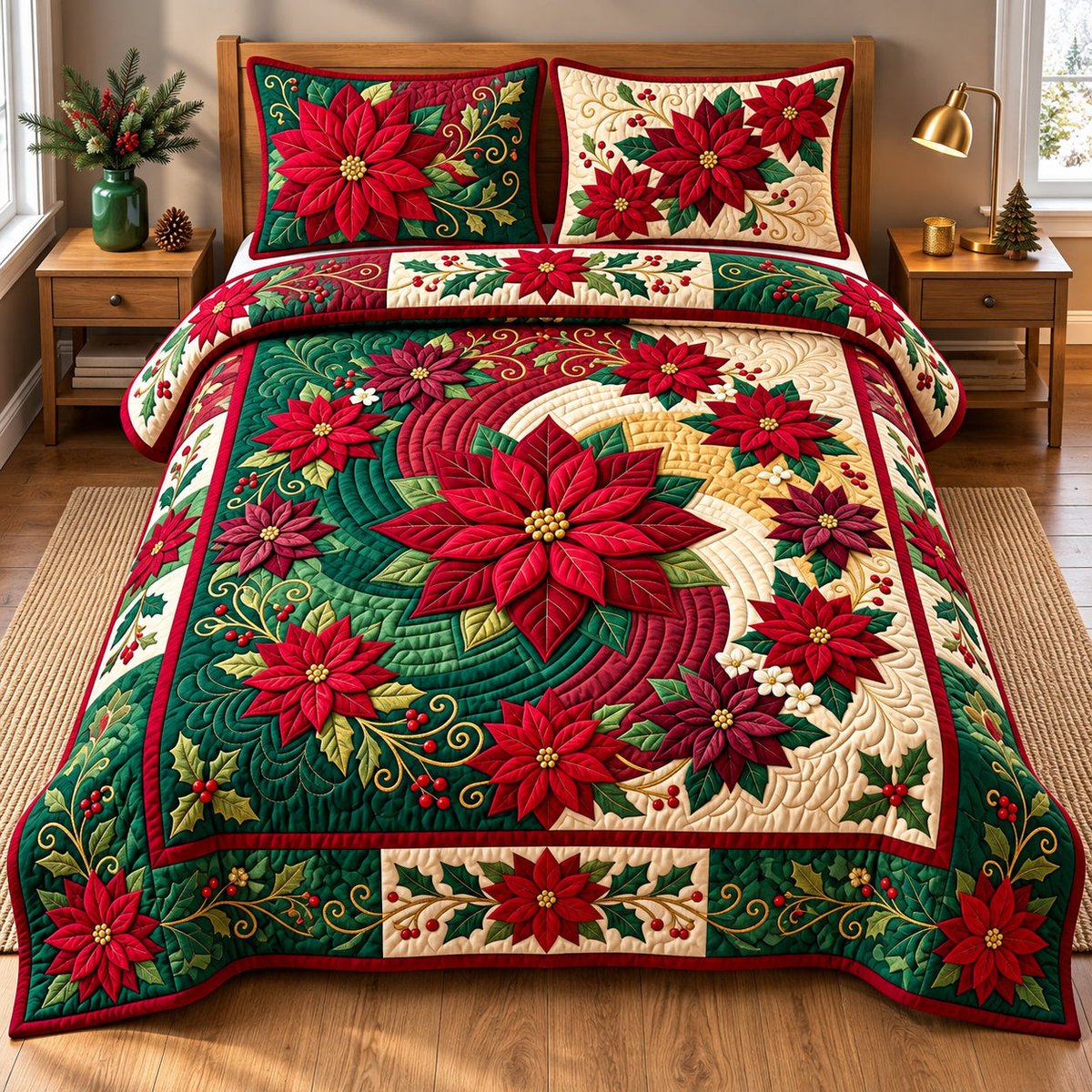 Poinsettia Spiral Wreath 3 Piece Quilted Bedding Set Gift For Holiday Decor Lovers