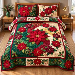 Poinsettia Spiral Wreath 3 Piece Quilted Bedding Set Gift For Holiday Decor Lovers