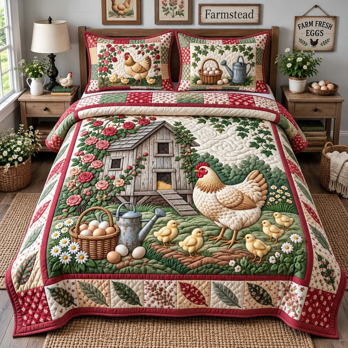 Rose Garden Hen 3 Piece Quilted Bedding Set Gift For Flower Lovers