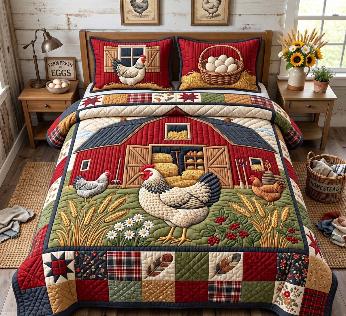 Red Barn Hens 3 Piece Quilted Bedding Set Gift For Farmhouse Decor Lovers