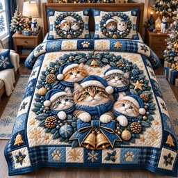 Blue Cat Wreath 3 Piece Quilted Bedding Set Christmas Gift For Cat Lovers