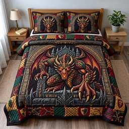Dragon Fortress 3 Piece Quilted Bedding Set Gift For Fantasy Lovers