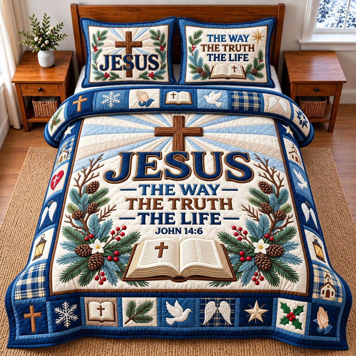 Jesus the Way 3 Piece Quilted Bedding Set Gift For Christians