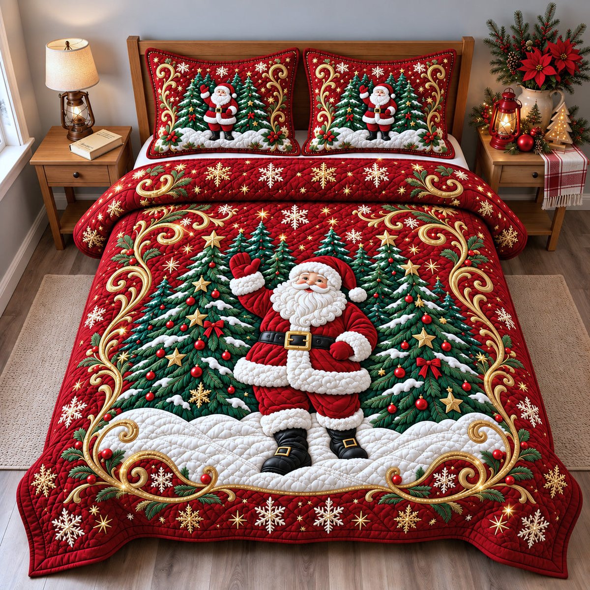 Santa 3 Piece Quilted Bedding Set Christmas Gift For Holiday Decor Lovers