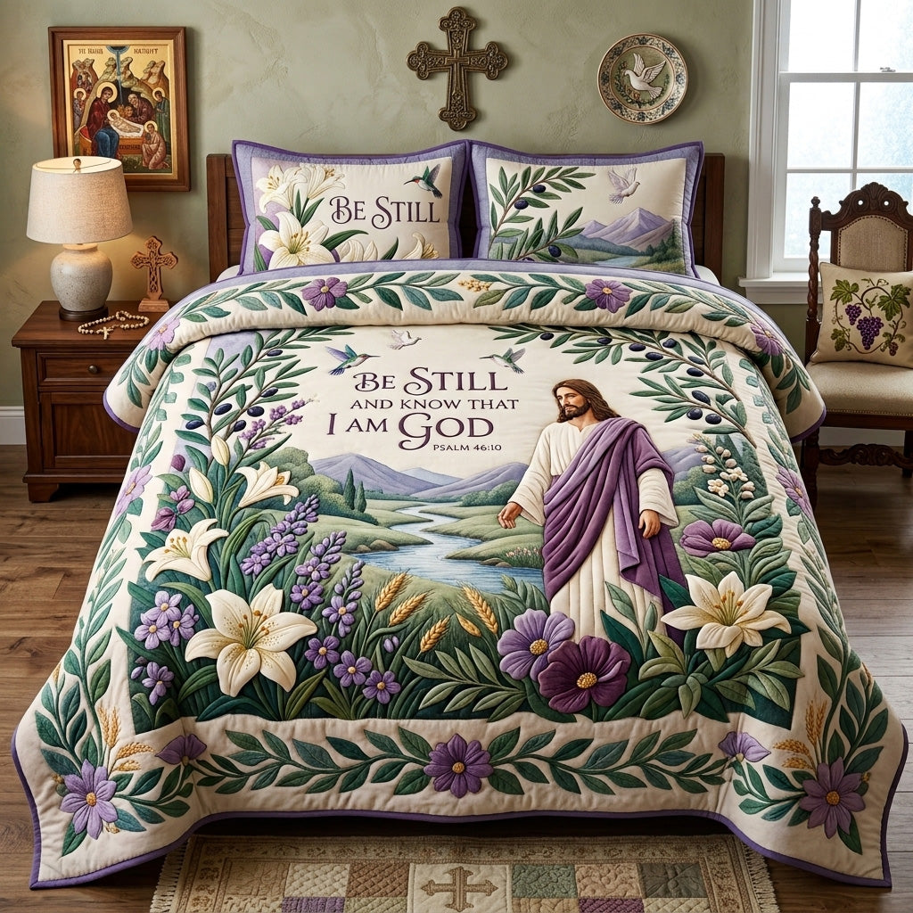 Be Still with God 3 Piece Quilted Bedding Set Gift For Christians