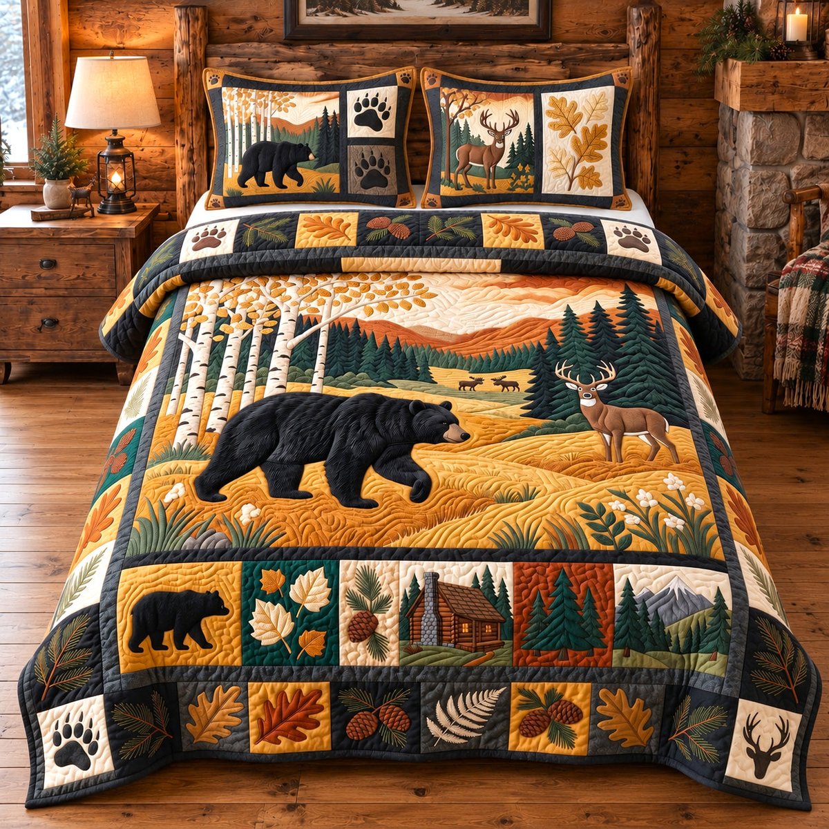 Golden Forest Patchwork Deer 3 Piece Quilted Bedding Set Gift For Nature Lovers