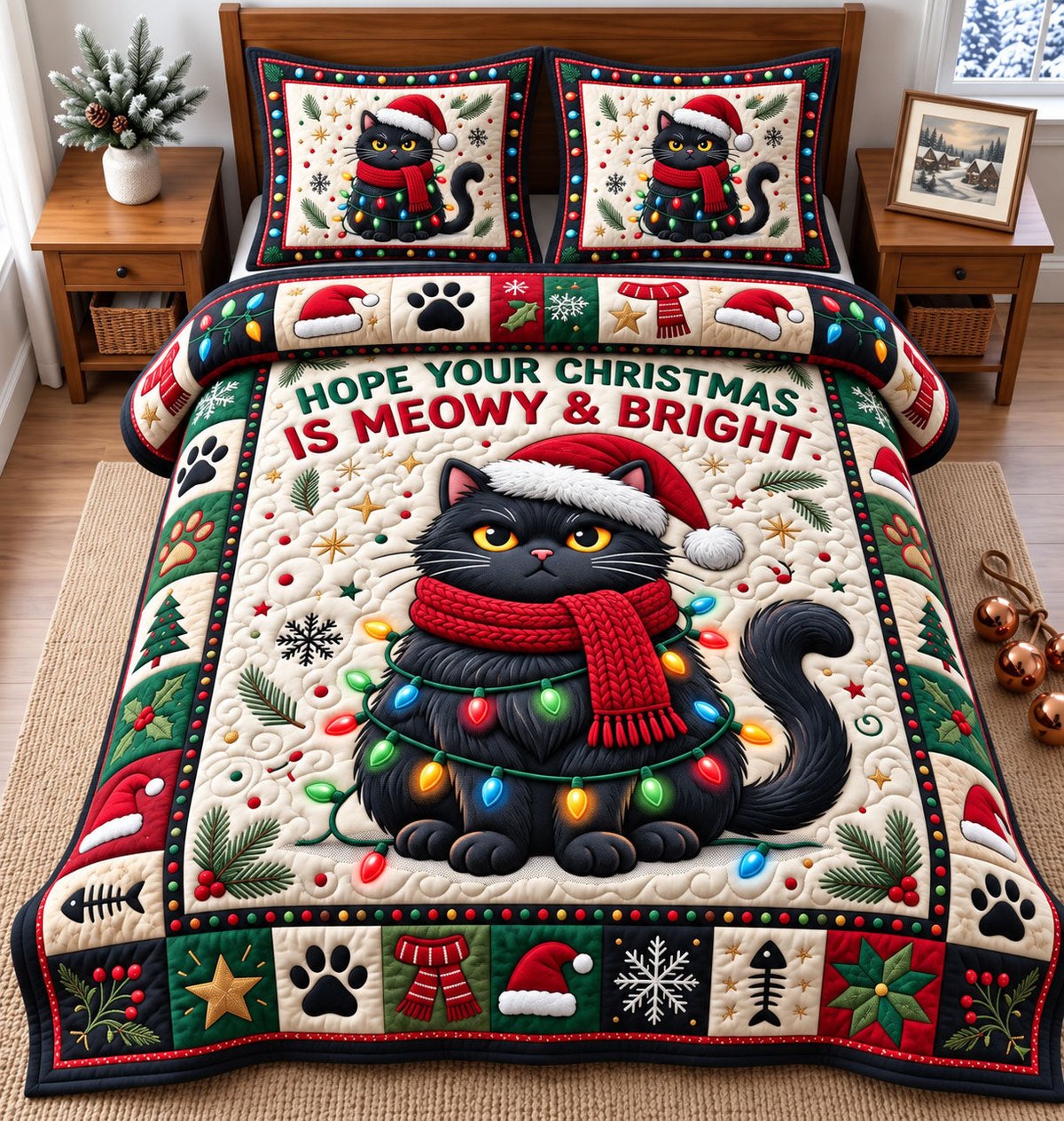 Festive Cat 3 Piece Quilted Bedding Set Christmas Gift For Cat Lovers