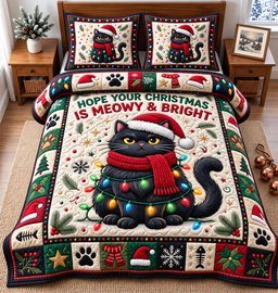 Festive Cat 3 Piece Quilted Bedding Set Christmas Gift For Cat Lovers