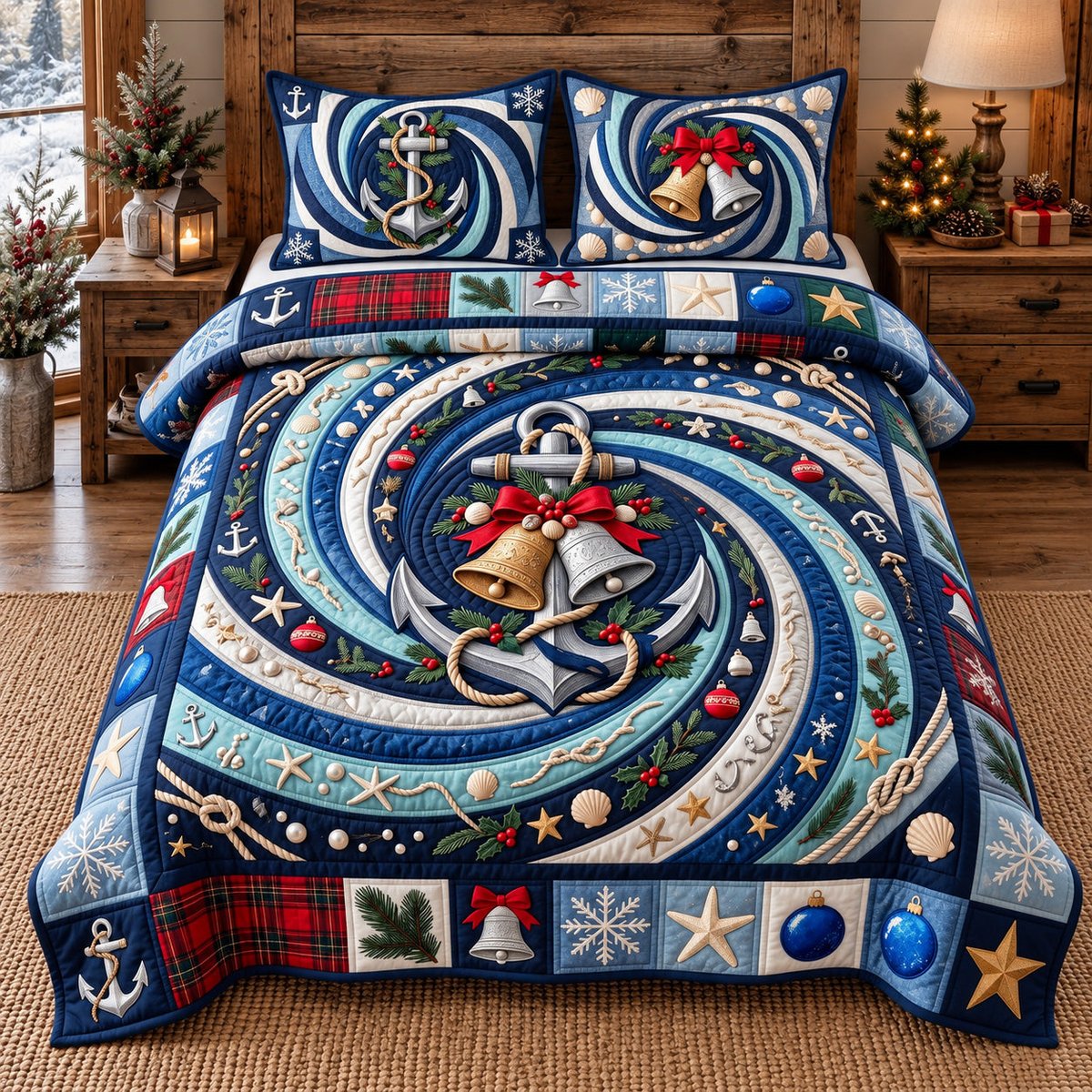 Festive Anchor Bells Beach 3 Piece Quilted Bedding Set Christmas Gift For Beach Lovers