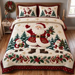 Classic Santa 3 Piece Quilted Bedding Set Christmas Gift For Holiday Decor Lovers